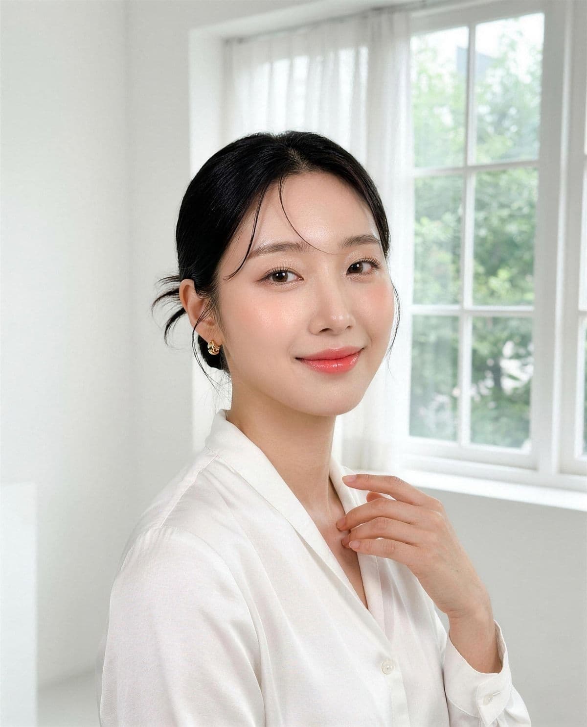 Korean soft-glam makeup: dewy skin and gradient lips in bright natural light